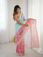 Rust Crunchy Silk Embroidery Work Party Wear Saree - Lakshita | Grocsy