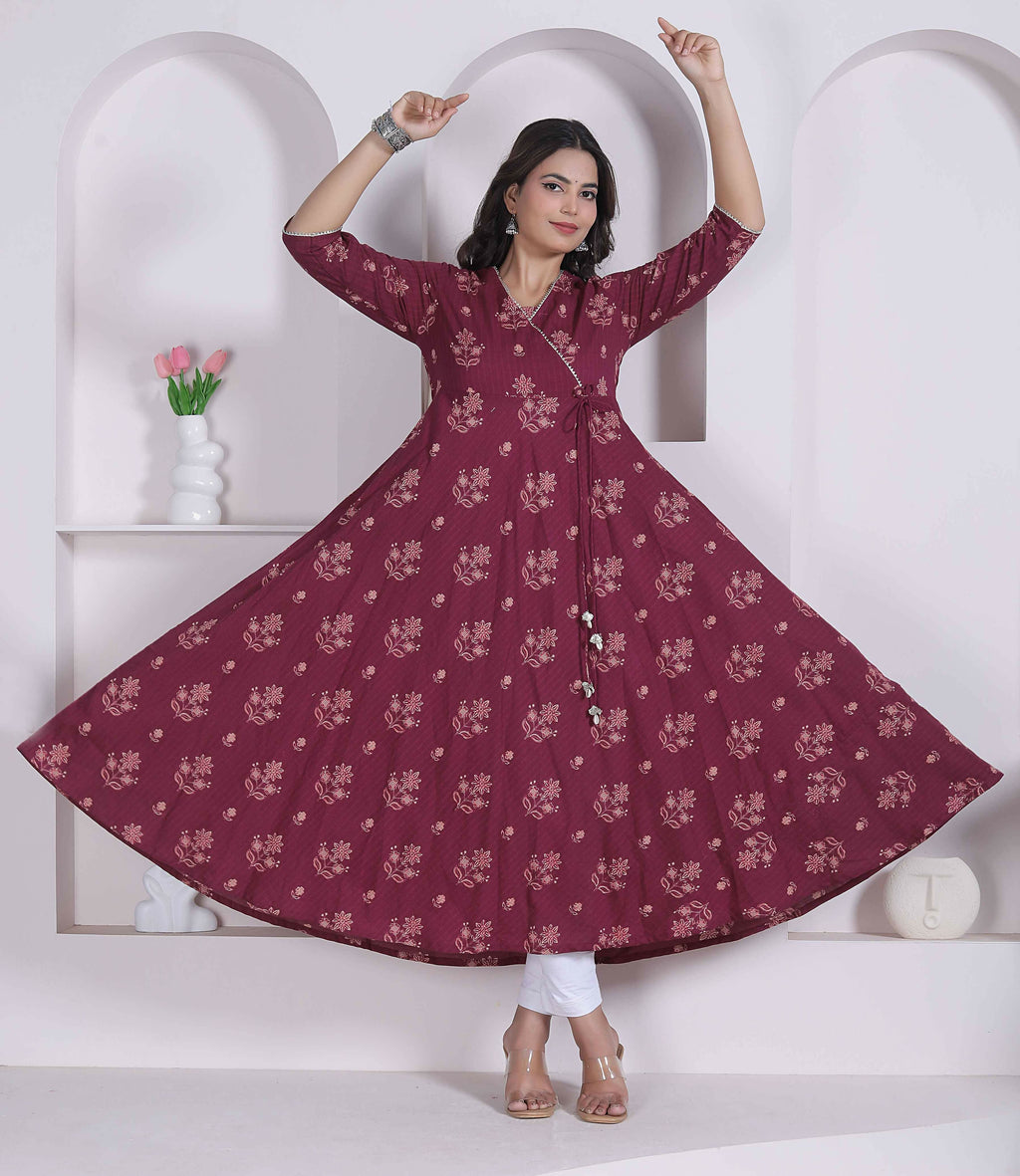 Miravan Womens Maroon Floral Printed Angrakha Style Kurta | Grocsy
