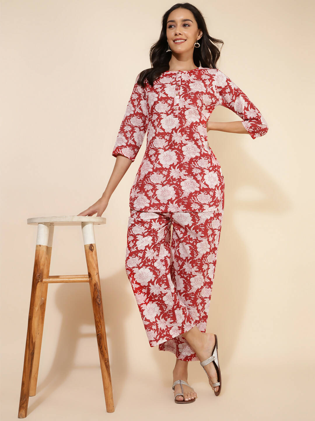 Janasya Women's Red Cotton Cambric Floral Printed Casual Straight Top Set | Grocsy
