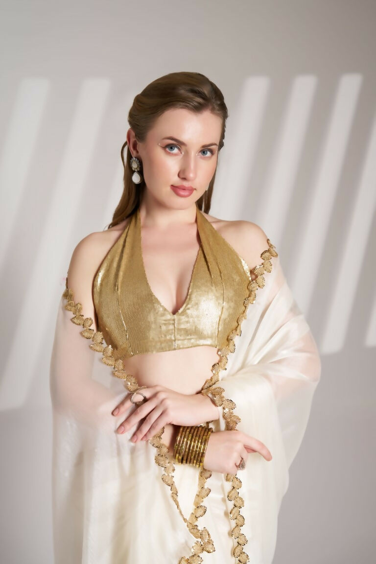 White Burberry Organza Solid Fancy Designer Saree - Nafisa | Grocsy