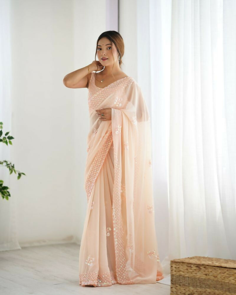 Attractive Looking Georgette Thread, Sequance Embroidery Work Party Wear Saree - Peach | Grocsy