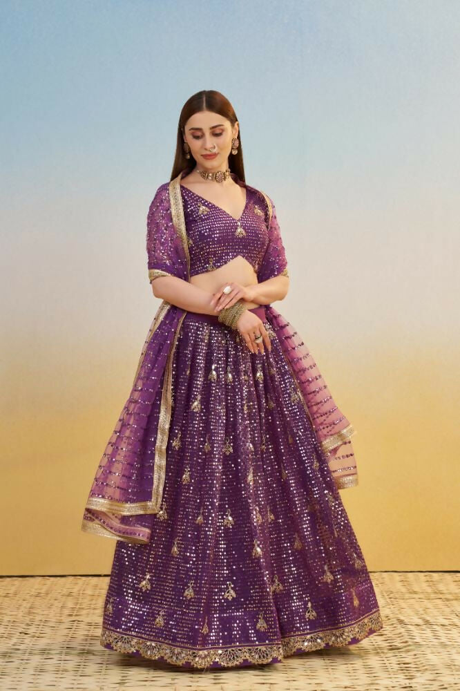 Aastha Fashion Dark Purple Butterfly Net Tone To Tone Thread Work, Sequence Work And Original Mirror Work Embroidery Wedding Wear Lehenga Choli | Grocsy