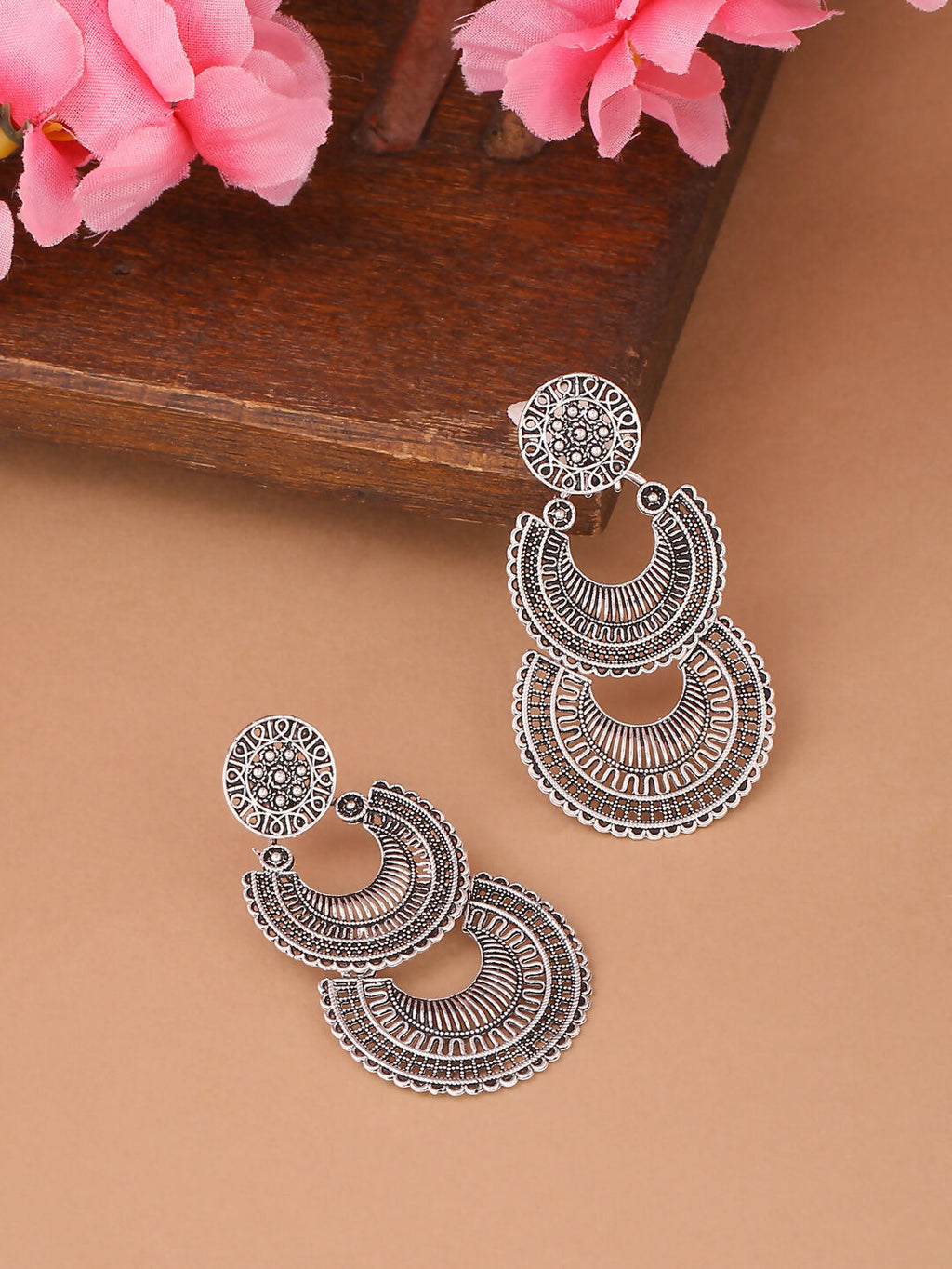 NVR Women Silver Plated Crescent Shaped Drop Earrings | Grocsy