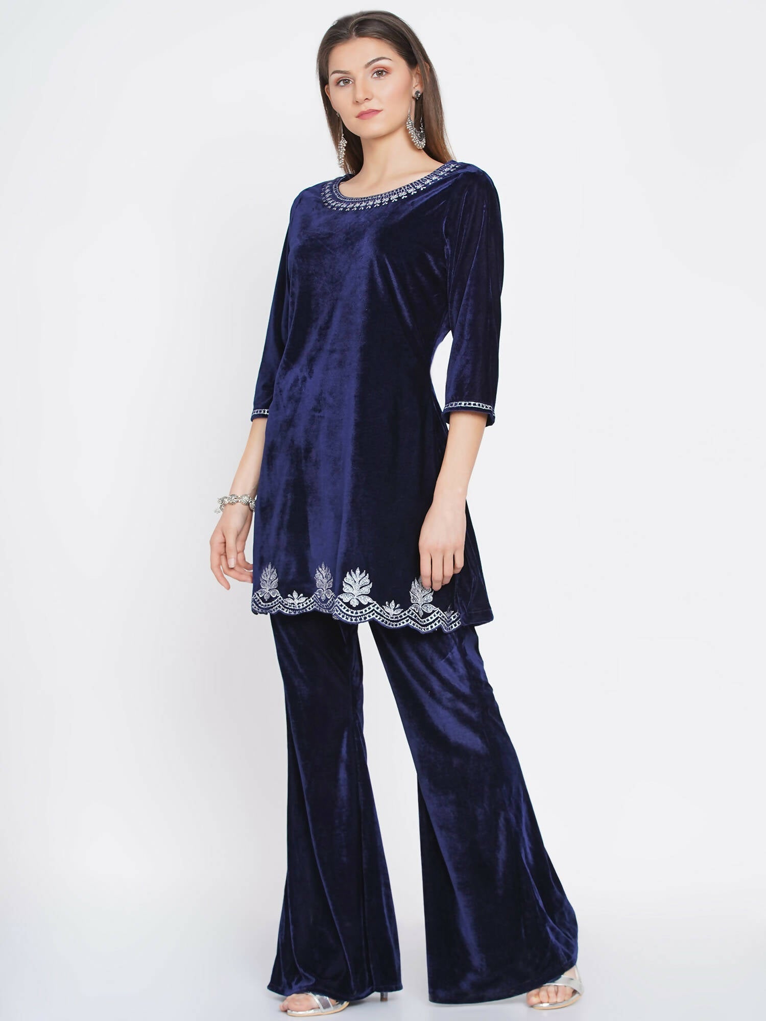 Women Republic Navy Blue Velvet Embroidered Kurta With Bellbottom Pants | Grocsy