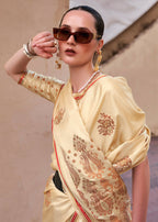 Buttermilk Beige Pure Satin Zari Weaving Wedding Festive Saree - Emponline | Grocsy