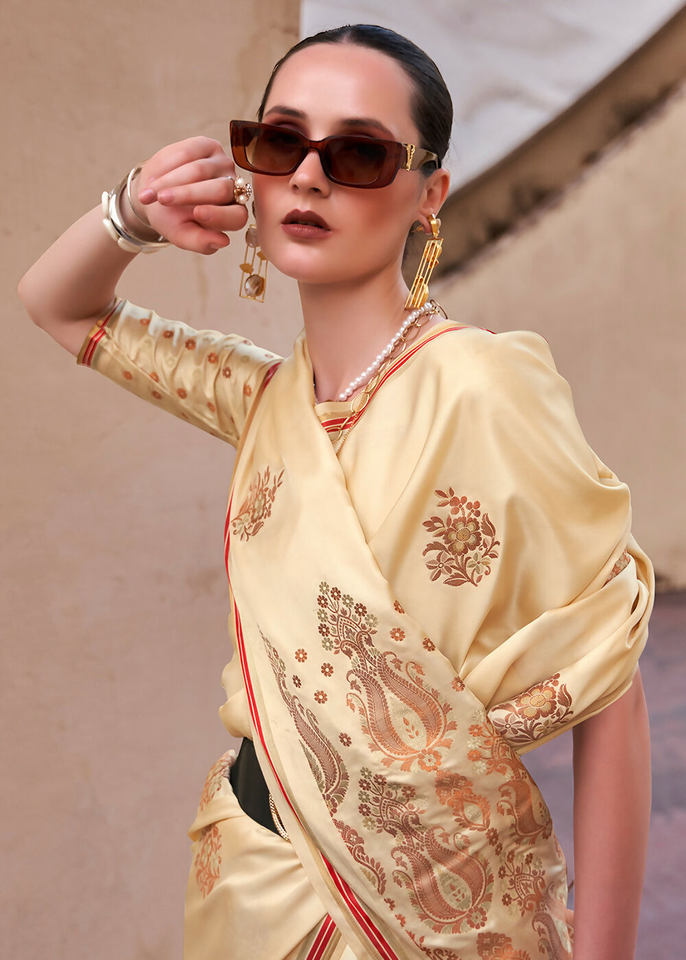 Buttermilk Beige Pure Satin Zari Weaving Wedding Festive Saree - Emponline | Grocsy