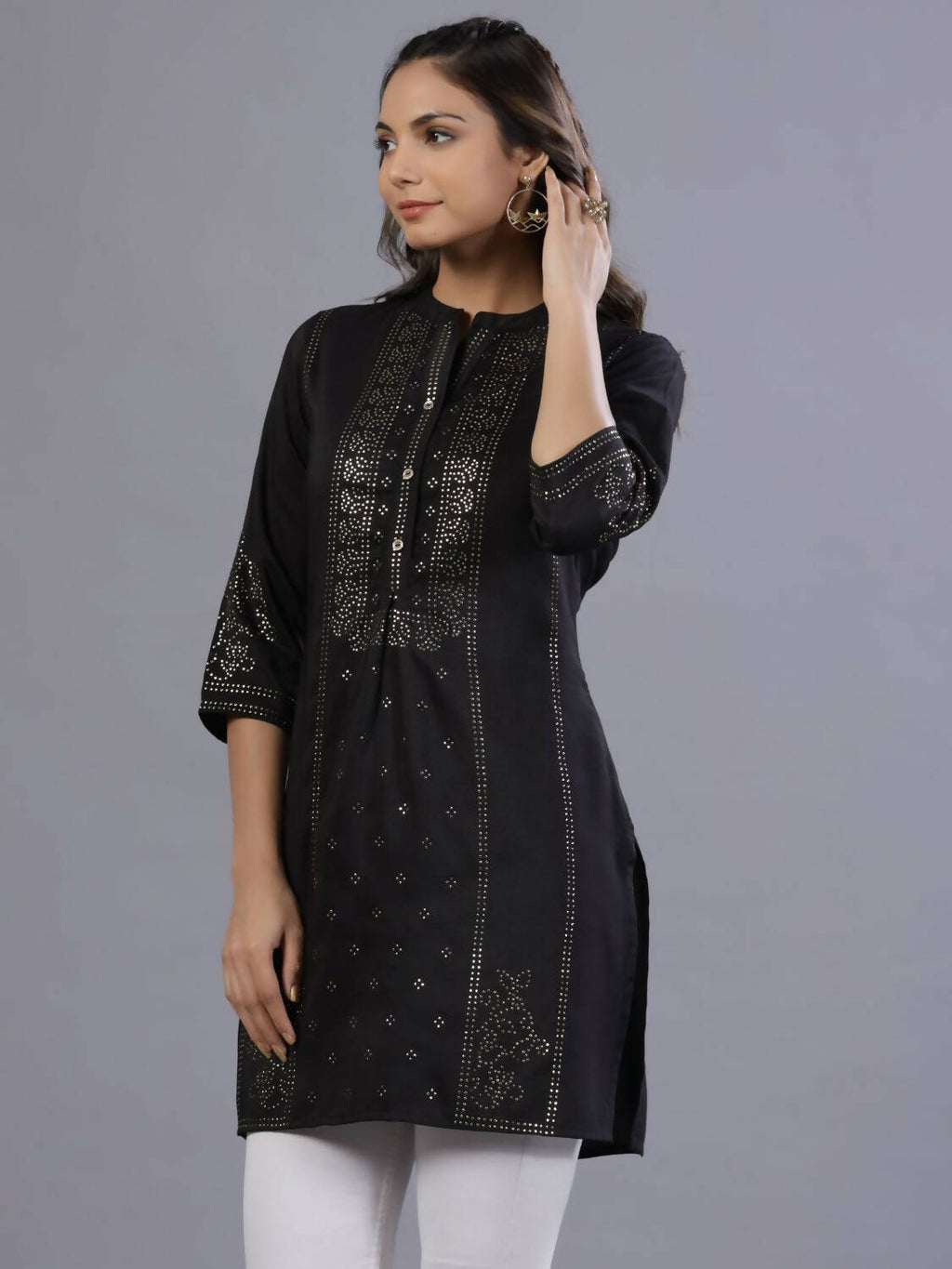 Juniper Women Black Chinon Silk Mukesh Work Straight Tunic | Grocsy