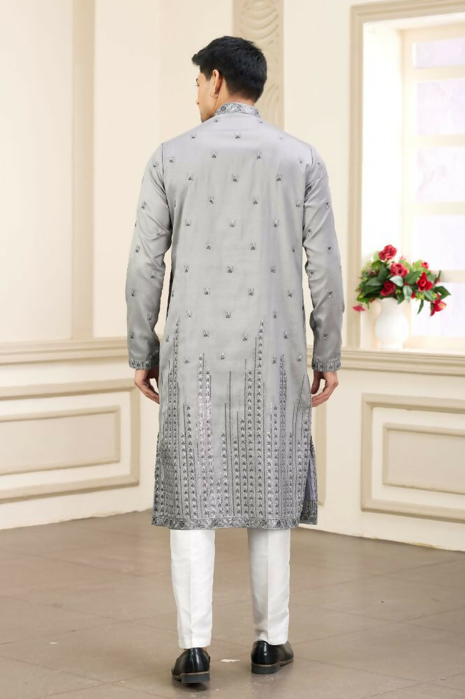 Raivat Ethnic Art Silk Thread Work Kurta Pajama In Grey Colour | Grocsy
