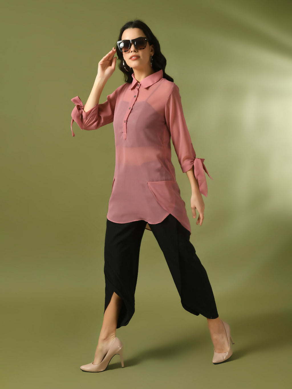 Myshka Women's Pink Solid Georgette Longline Party Sheer Tunic | Grocsy