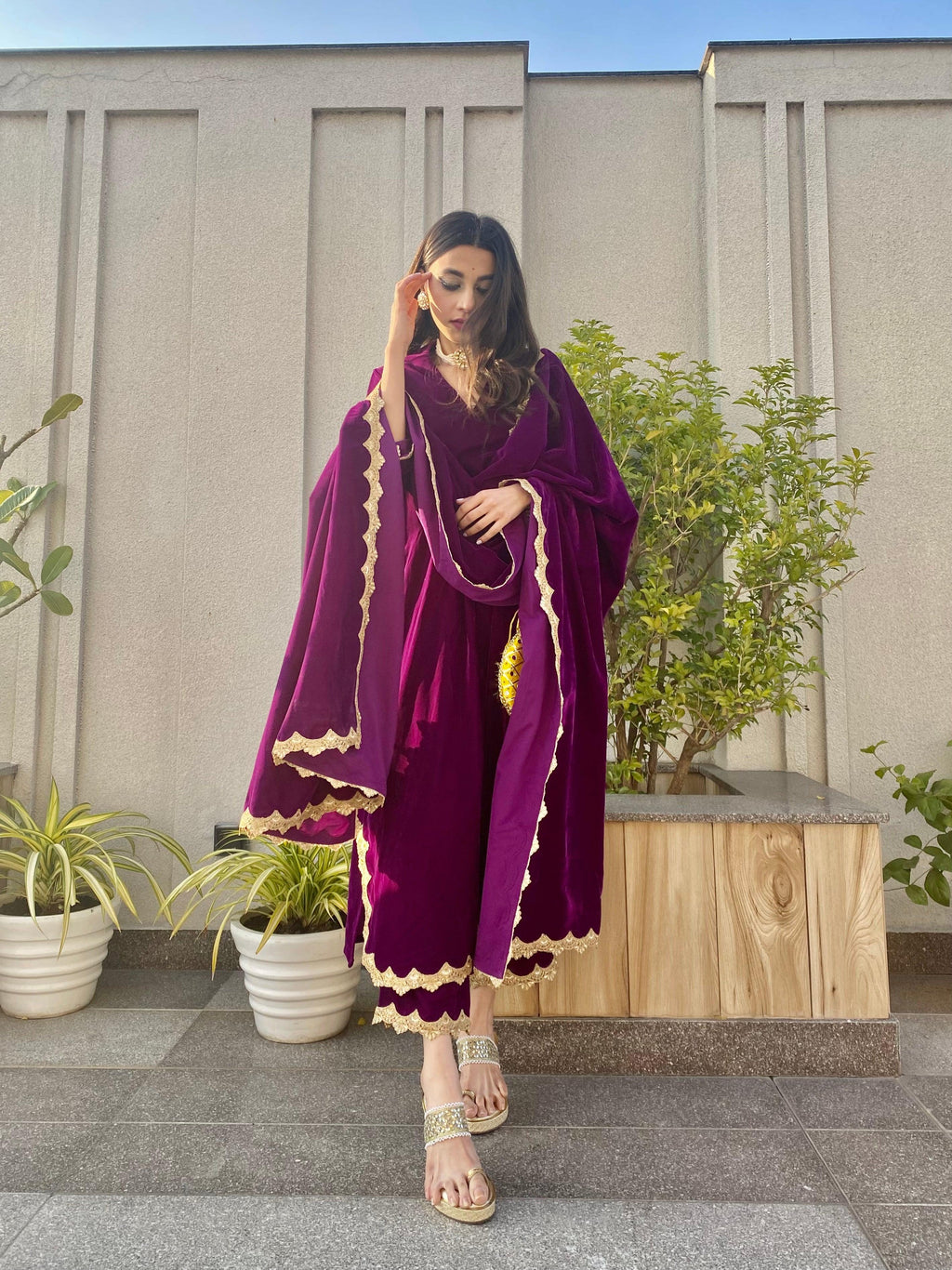 trueBrowns Wine Velvet Lace Kurta Pant Set | Relove | Grocsy