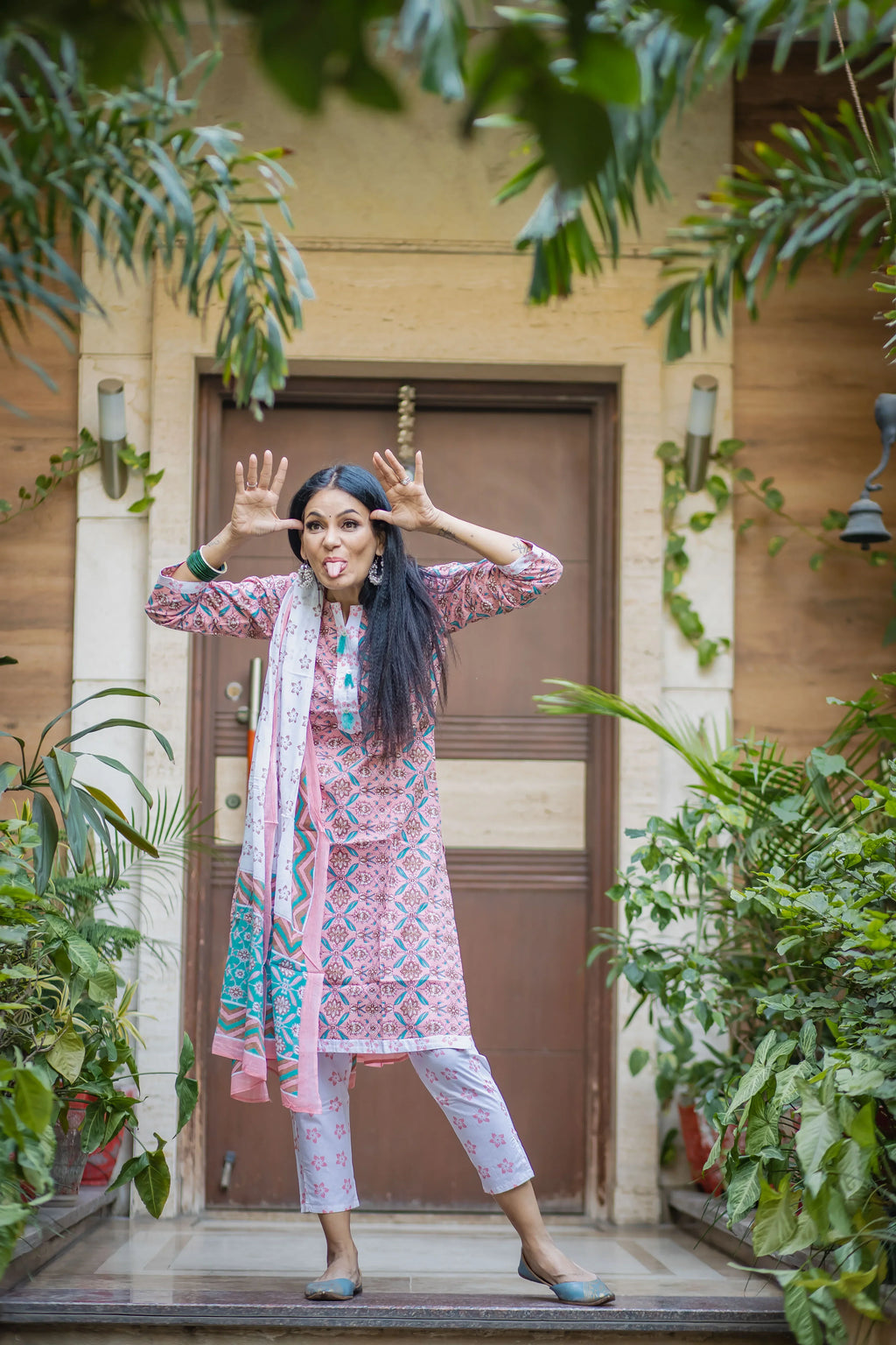 Jompers Women's Pink & White Ethnic Motifs Printed Pure Cotton Kurta with Trousers & Dupatta | Grocsy