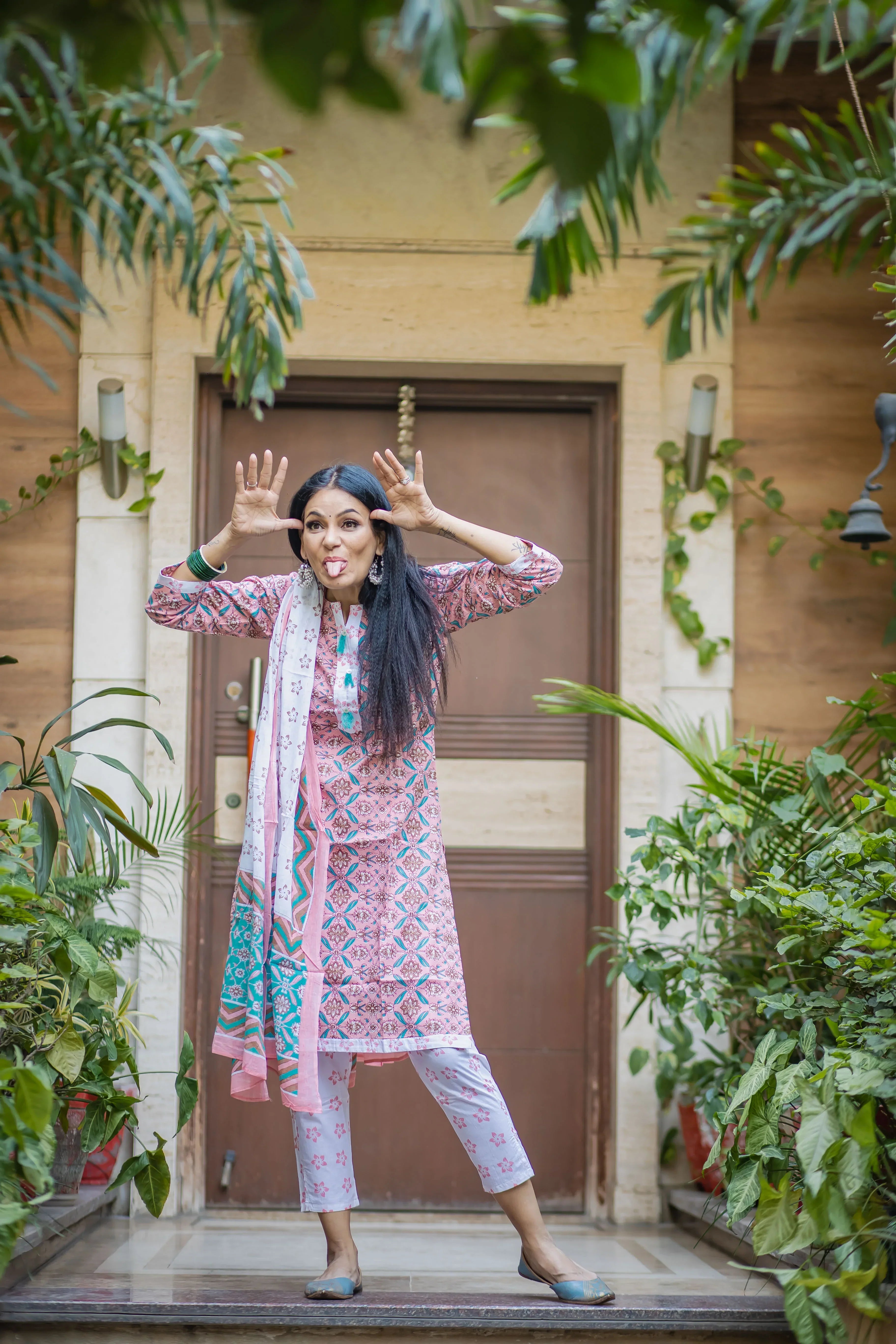 Jompers Women's Pink & White Ethnic Motifs Printed Pure Cotton Kurta with Trousers & Dupatta | Grocsy