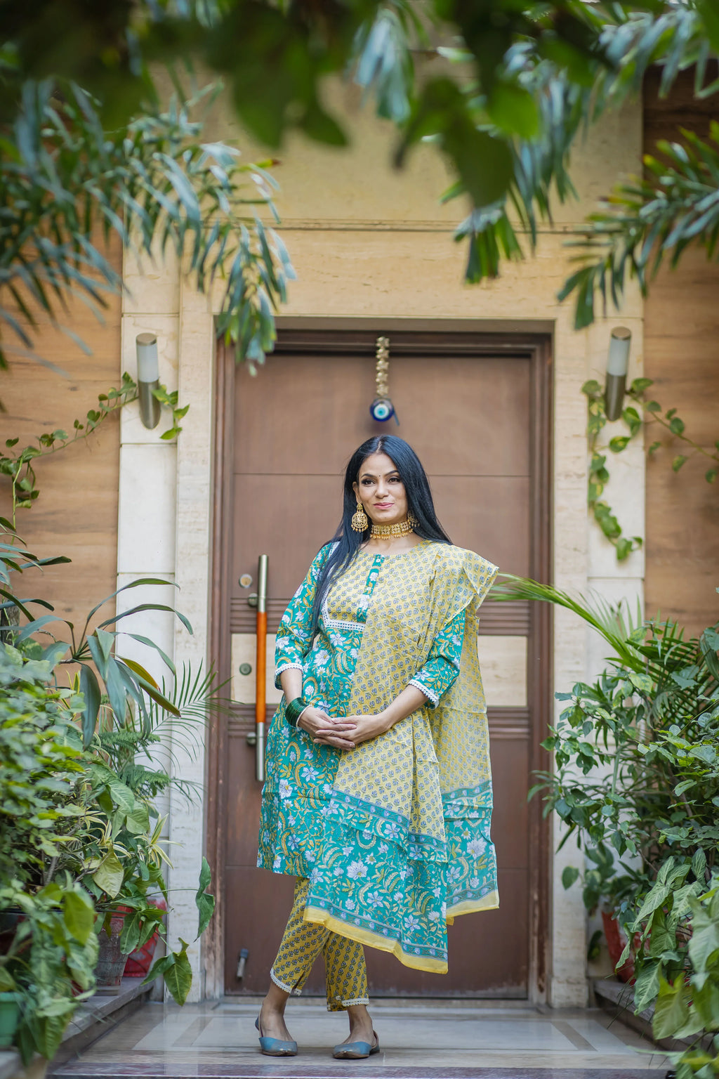 Jompers Women's Green Ethnic Motifs Printed Pure Cotton Kurta with Trousers & Dupatta | Grocsy