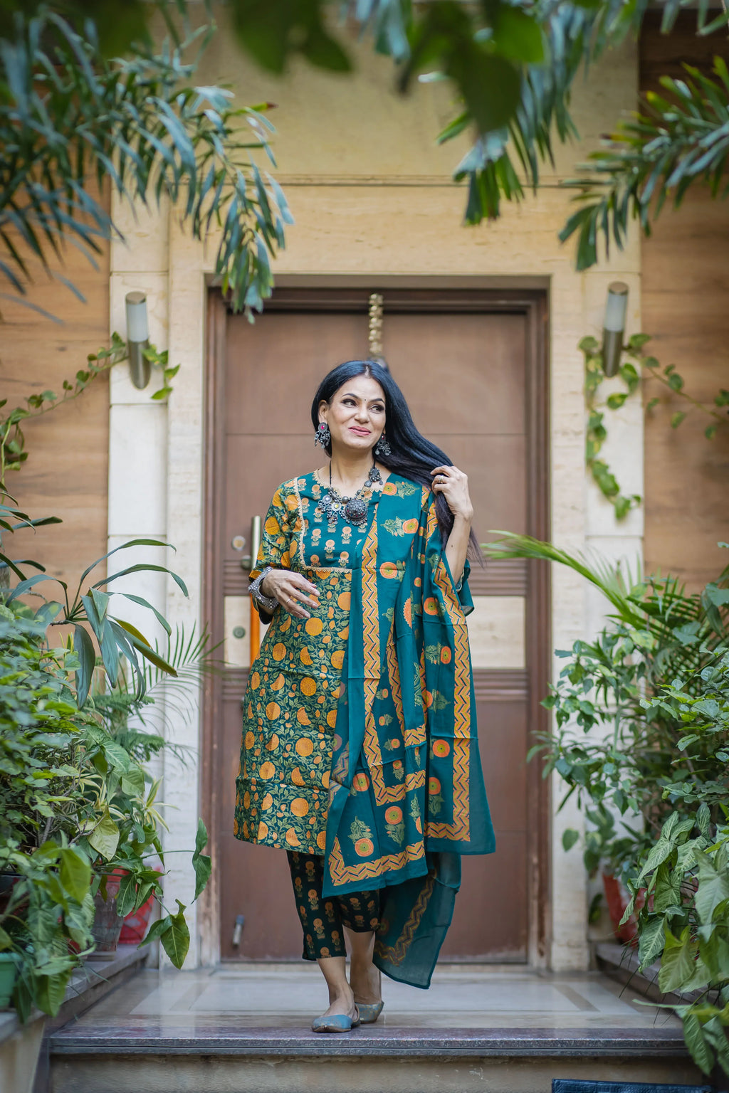Jompers Women's Green Ethnic Motifs Printed Pure Cotton Kurta with Trousers & Dupatta | Grocsy
