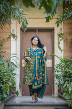 Jompers Women's Green Ethnic Motifs Printed Pure Cotton Kurta with Trousers & Dupatta | Grocsy
