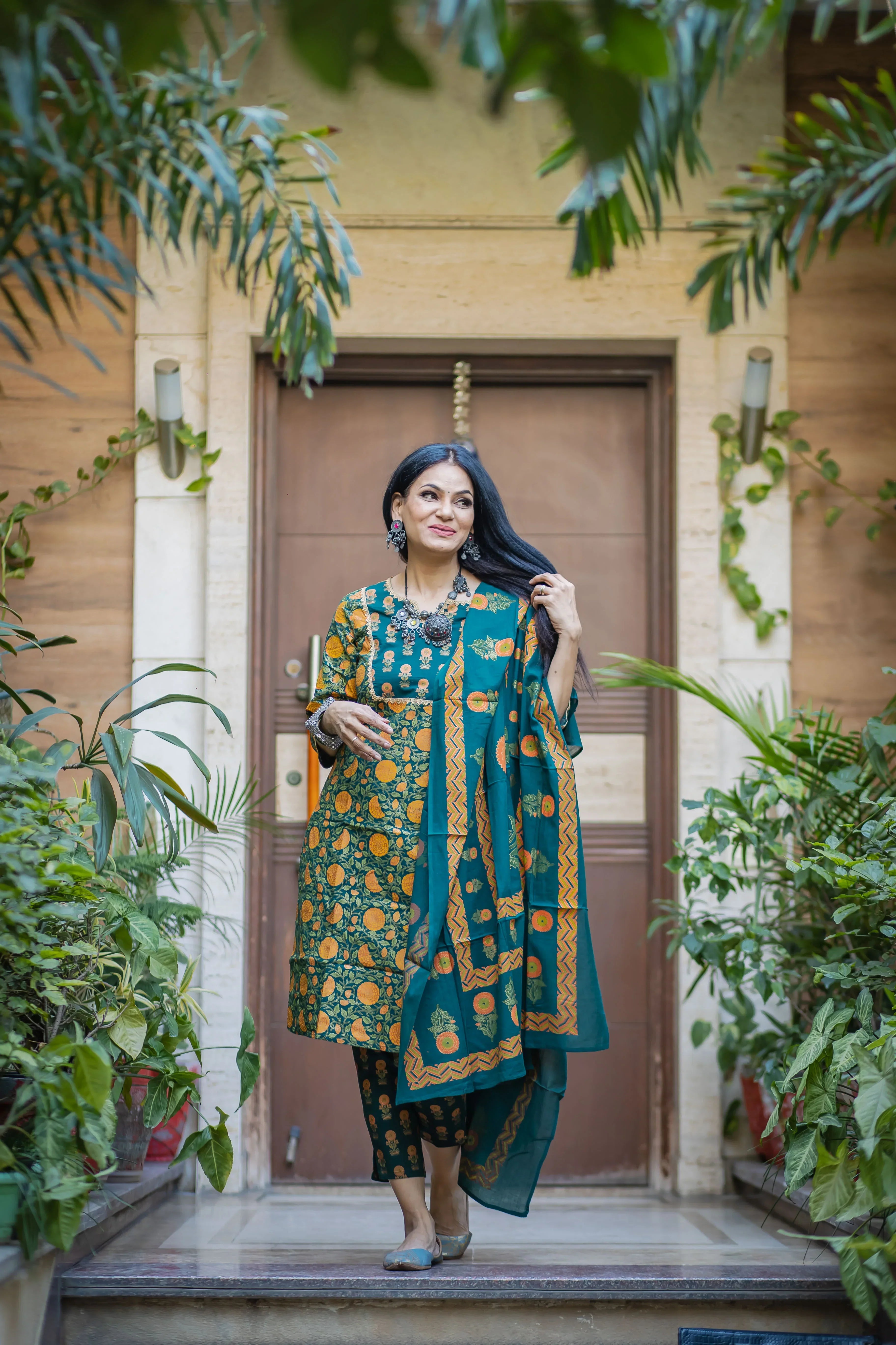 Jompers Women's Green Ethnic Motifs Printed Pure Cotton Kurta with Trousers & Dupatta | Grocsy