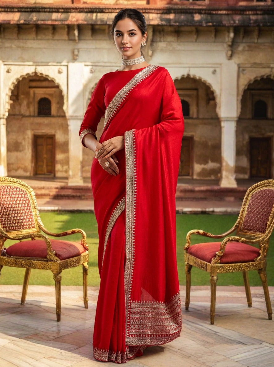 Lorenvalley Fashion Red Vichitra Silk with Sequence coding Work Saree with Blouse | Grocsy