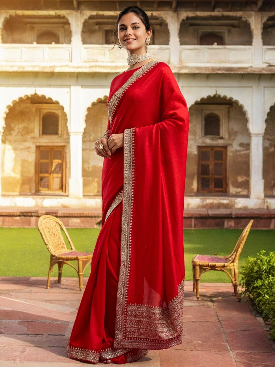 Lorenvalley Fashion Red Vichitra Silk with Sequence coding Work Saree with Blouse | Grocsy