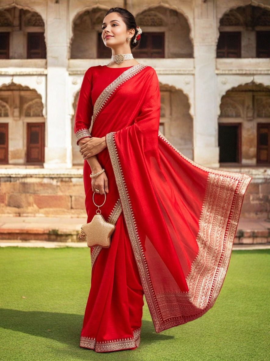 Lorenvalley Fashion Red Vichitra Silk with Sequence coding Work Saree with Blouse | Grocsy