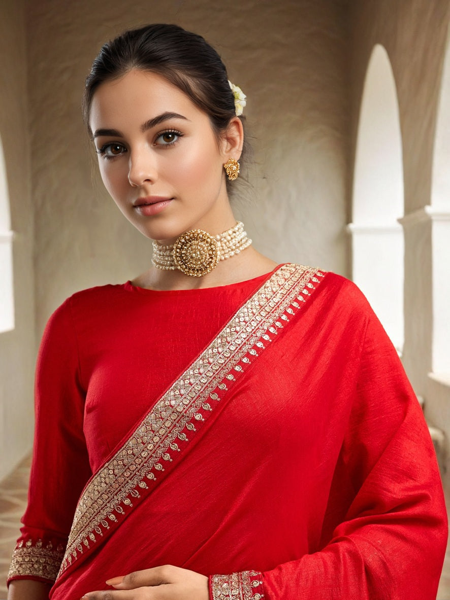Lorenvalley Fashion Red Vichitra Silk with Sequence coding Work Saree with Blouse | Grocsy