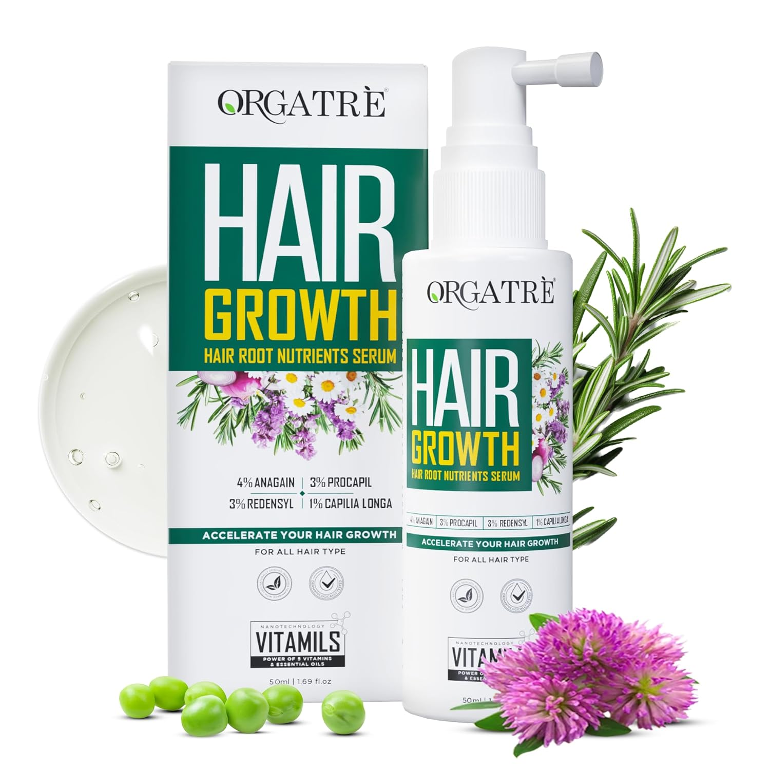 Orgatre Hair Growth Serum Powered with 3% Redensyl, 4% Anagain, 3% Procapil, 1% Capilia Longa and Rosemary Oil | Grocsy