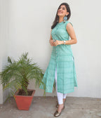 Jompers Women Green Pure Cotton Woven Design Straight Kurta | Grocsy