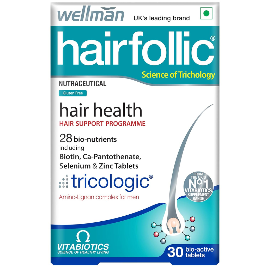 Wellman Hairfollic UK's No.1 Hair Supplement Tablets For Men ( Tricologic Formula 30 Vitamins & Minerals) | Grocsy