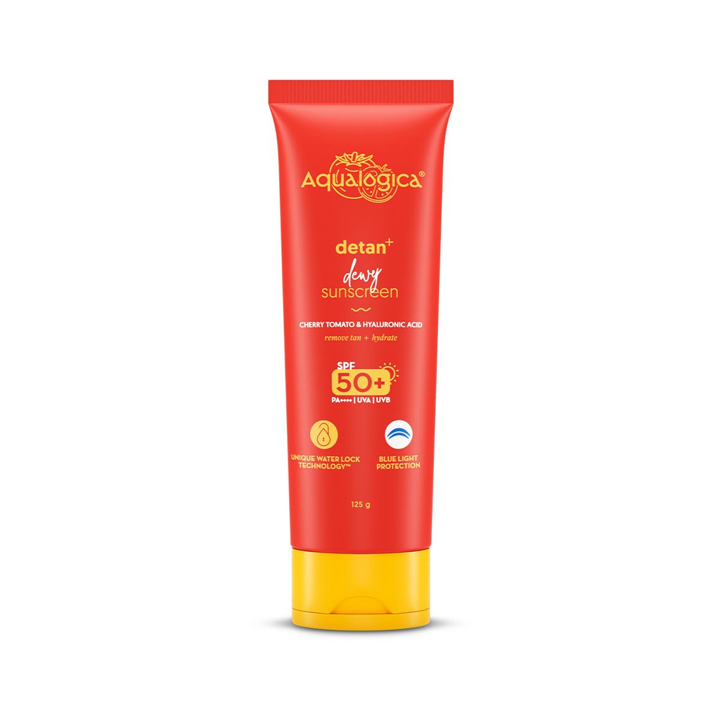 Aqualogica Detan + Dewy Sunscreen With Cherry Tomato & Hyaluronic Acid, SPF 50+ & PA++++ | Grocsy