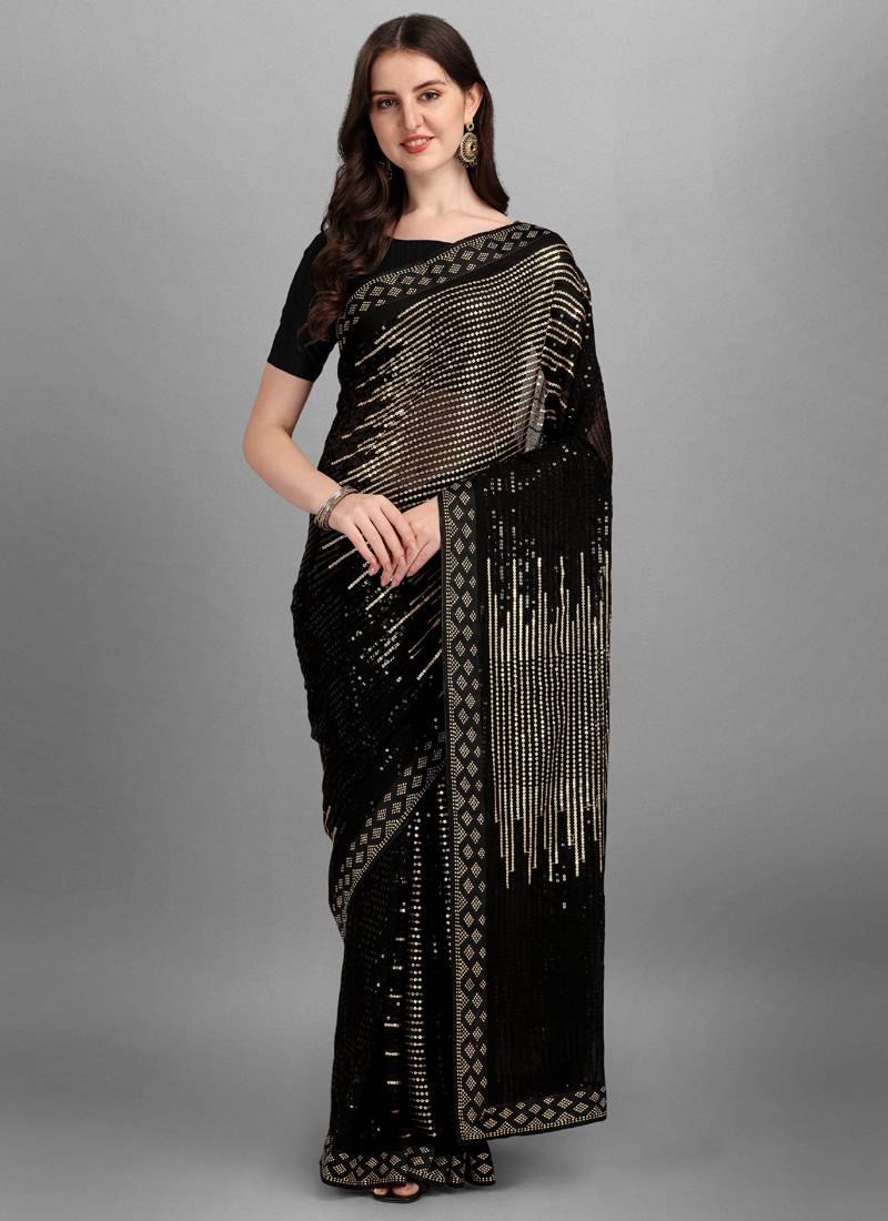 Vegaa Fashion Gold Heavy Georgette Sequence Embroidery Saree | Grocsy
