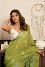 Vastranavya Mehendi Digital Printed Linen Ready To Wear Designer Saree with Unstitched Blouse | Grocsy