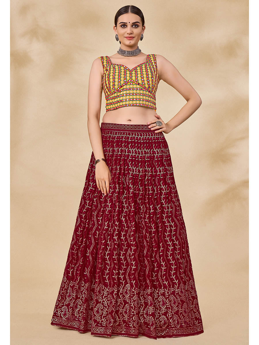 Myra Maroon Georgette Embroidered Designer Lehenga | Grocsy