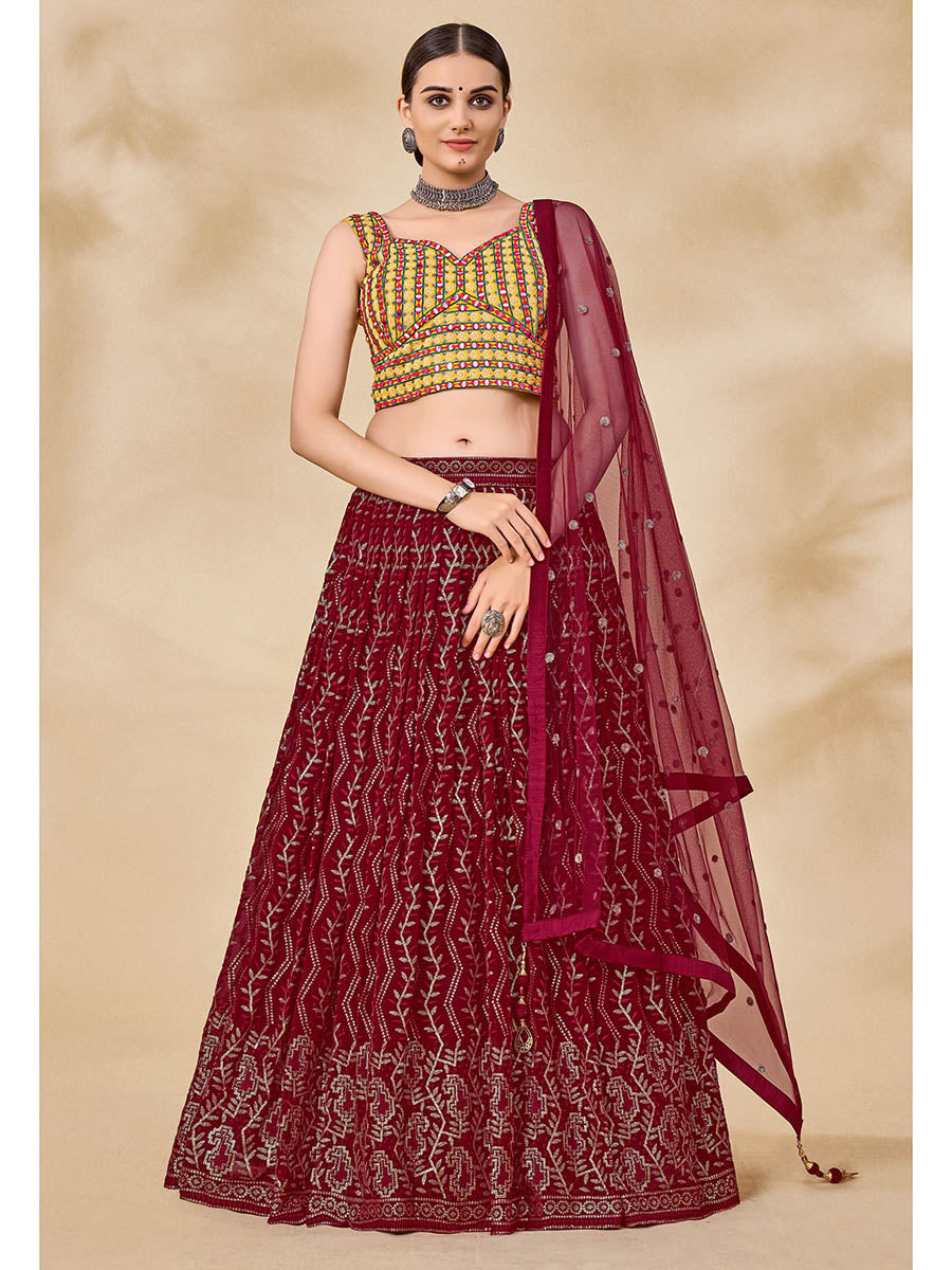 Myra Maroon Georgette Embroidered Designer Lehenga | Grocsy