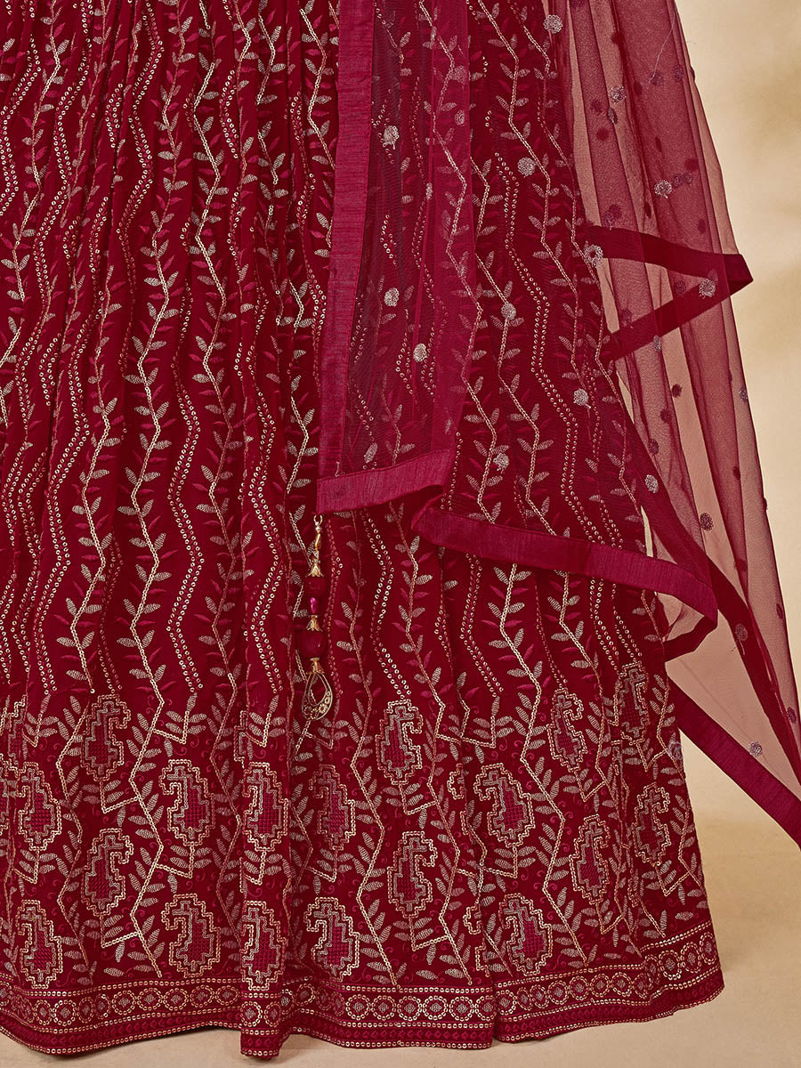 Myra Maroon Georgette Embroidered Designer Lehenga | Grocsy