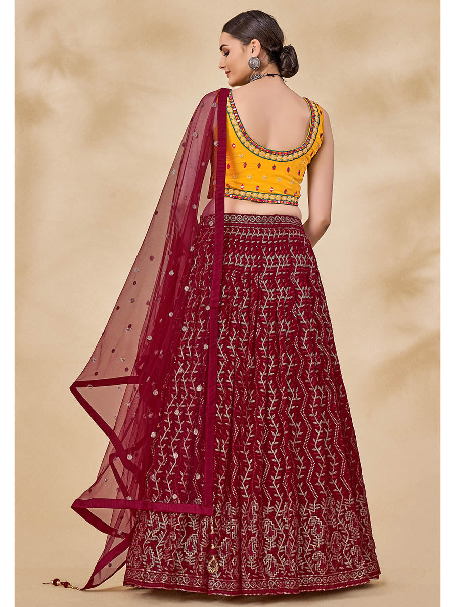Myra Maroon Georgette Embroidered Designer Lehenga | Grocsy