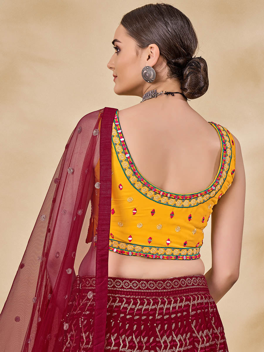 Myra Maroon Georgette Embroidered Designer Lehenga | Grocsy