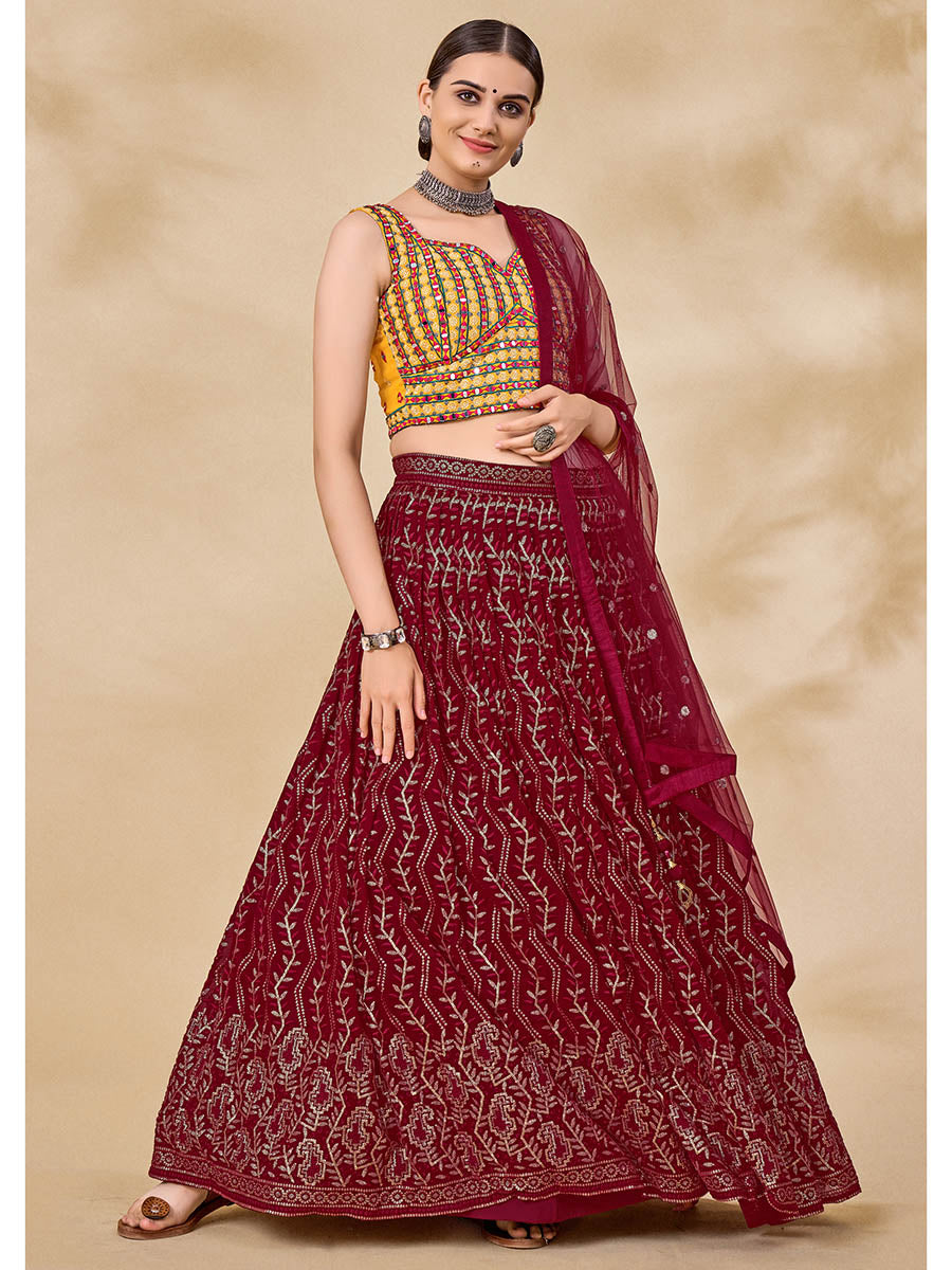 Myra Maroon Georgette Embroidered Designer Lehenga | Grocsy