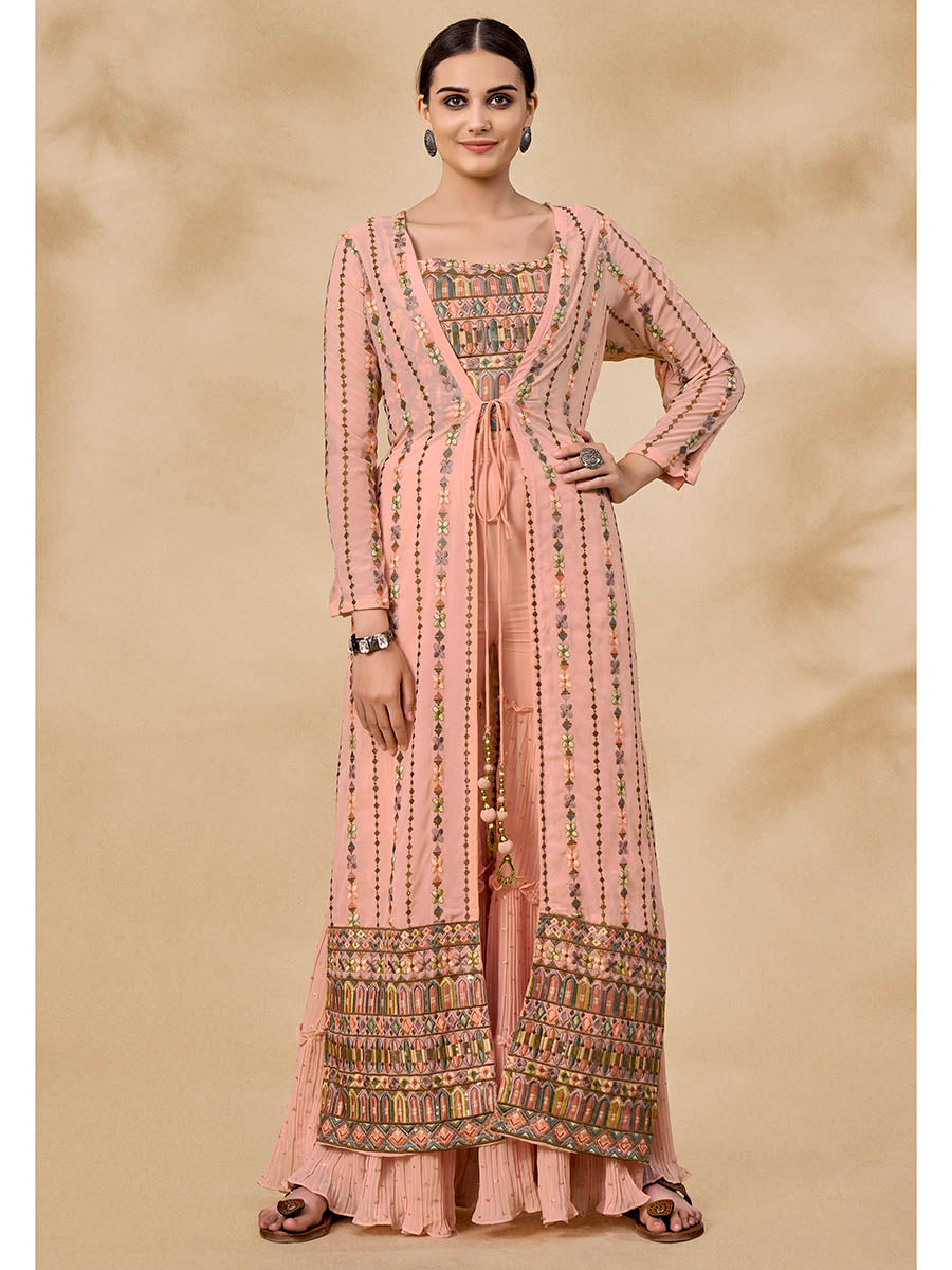 Myra Peach Gorgette Jacket Style Suit | Grocsy