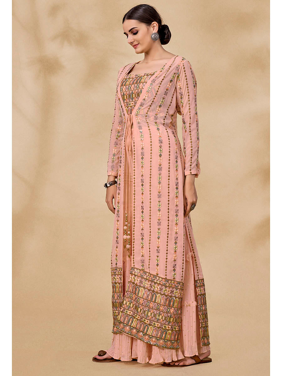 Myra Peach Gorgette Jacket Style Suit | Grocsy
