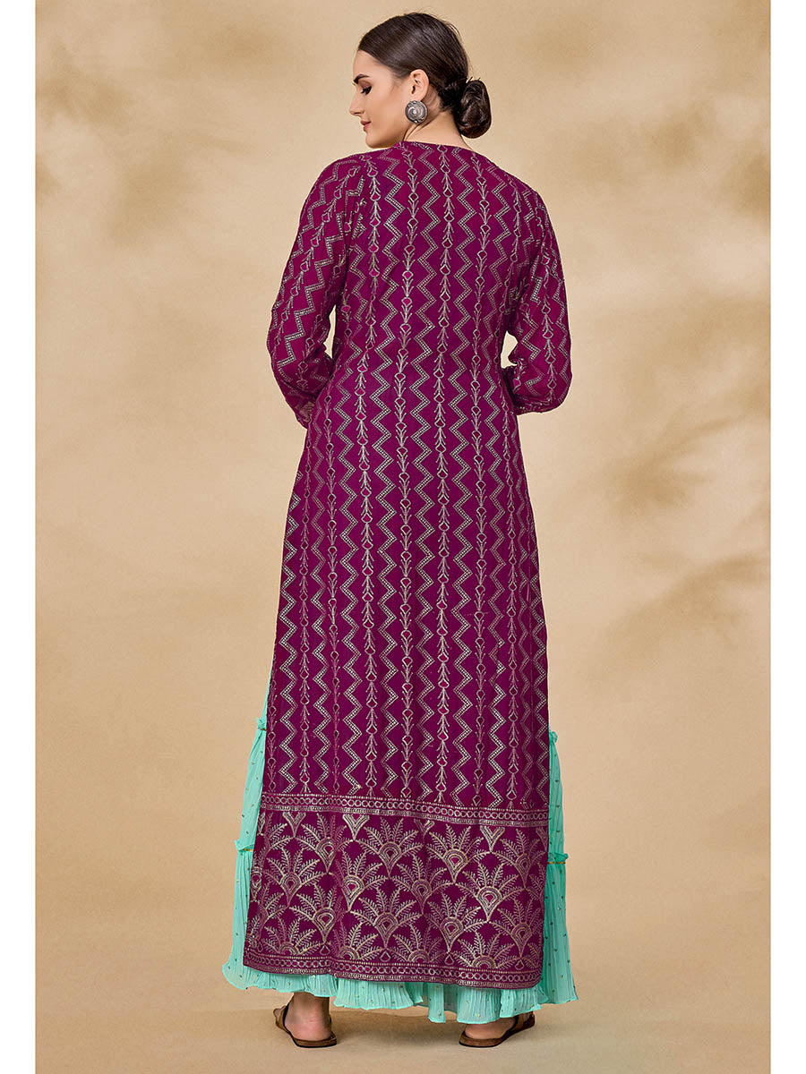 Myra Wine Jacket Style Sharara Suit | Grocsy