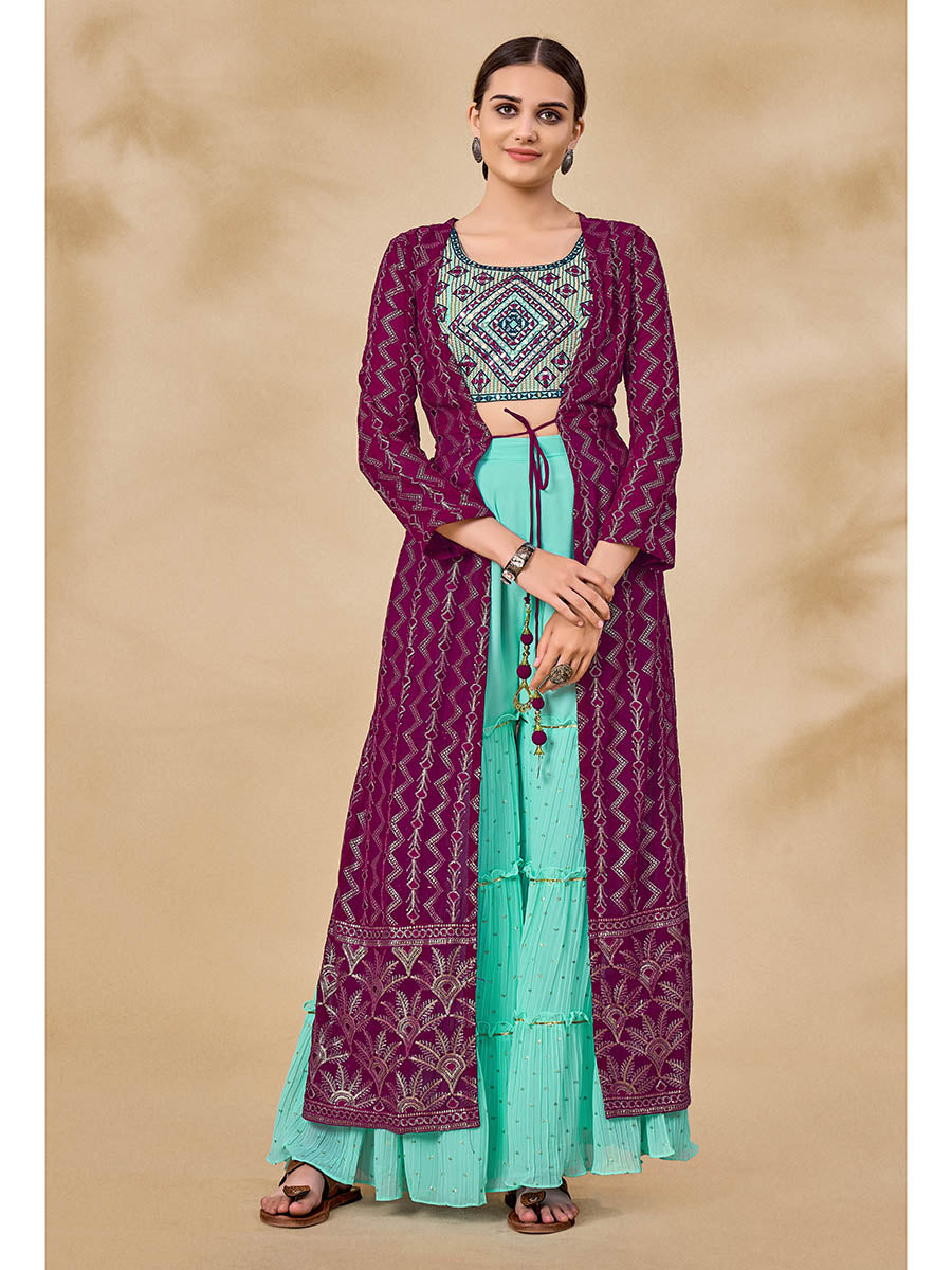Myra Wine Jacket Style Sharara Suit | Grocsy