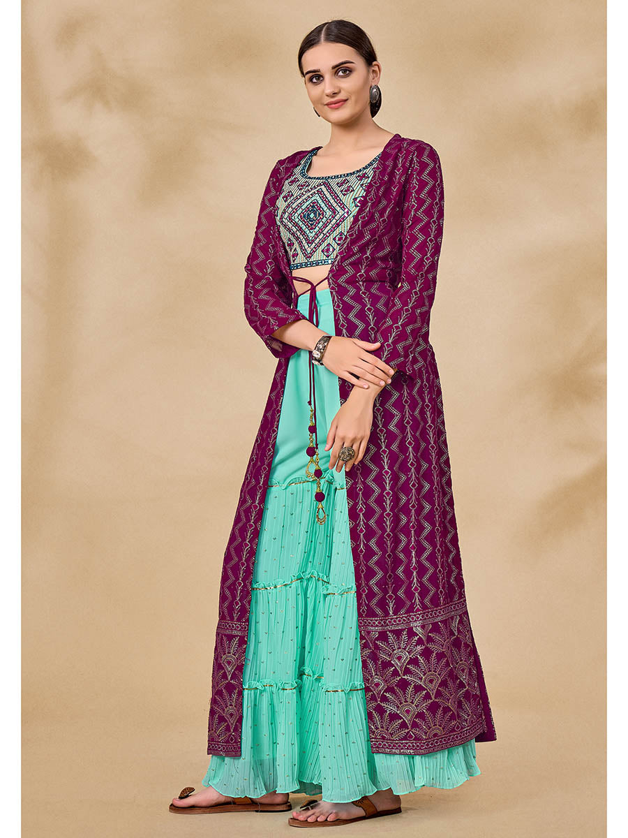 Myra Wine Jacket Style Sharara Suit | Grocsy
