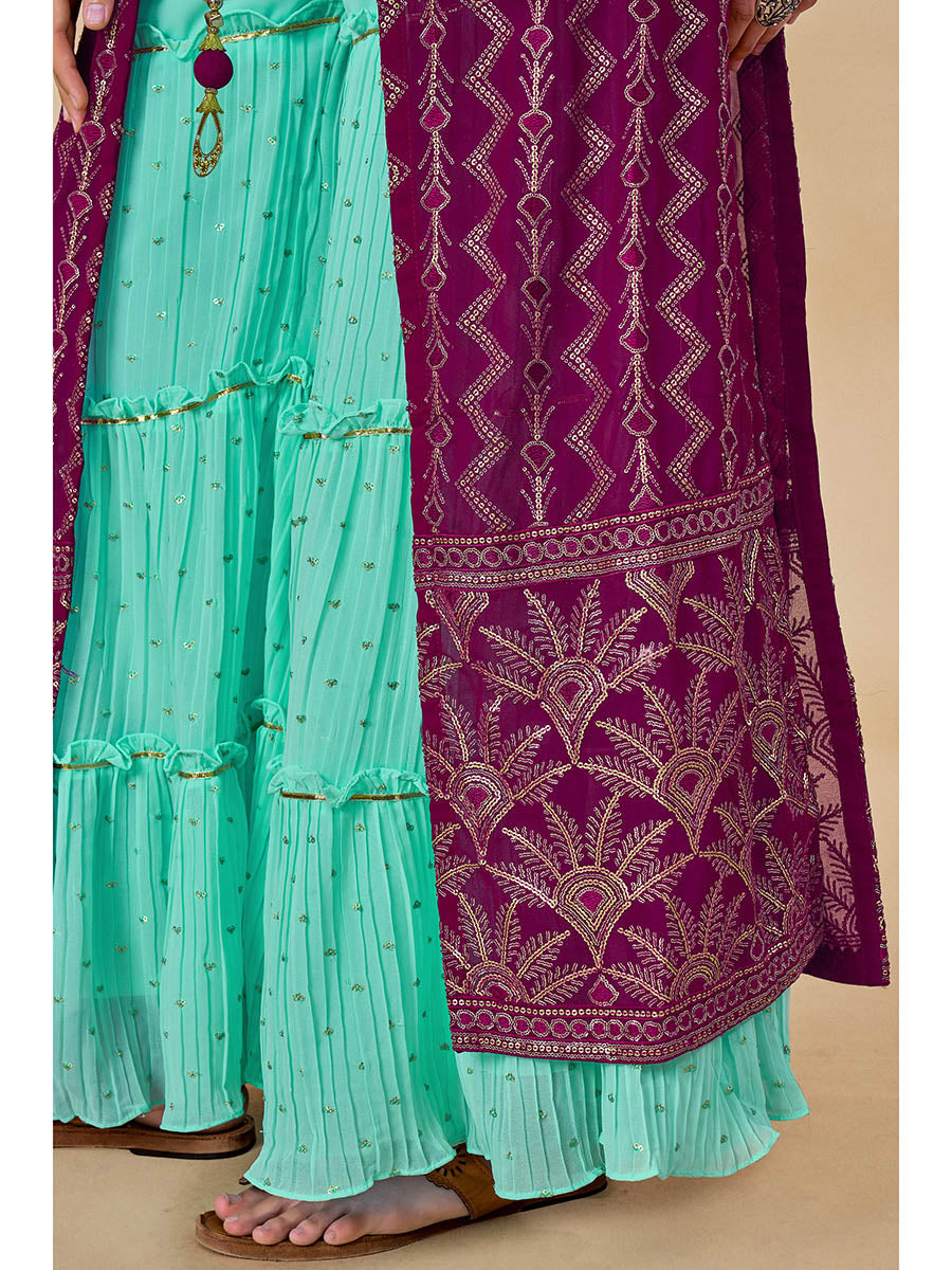 Myra Wine Jacket Style Sharara Suit | Grocsy