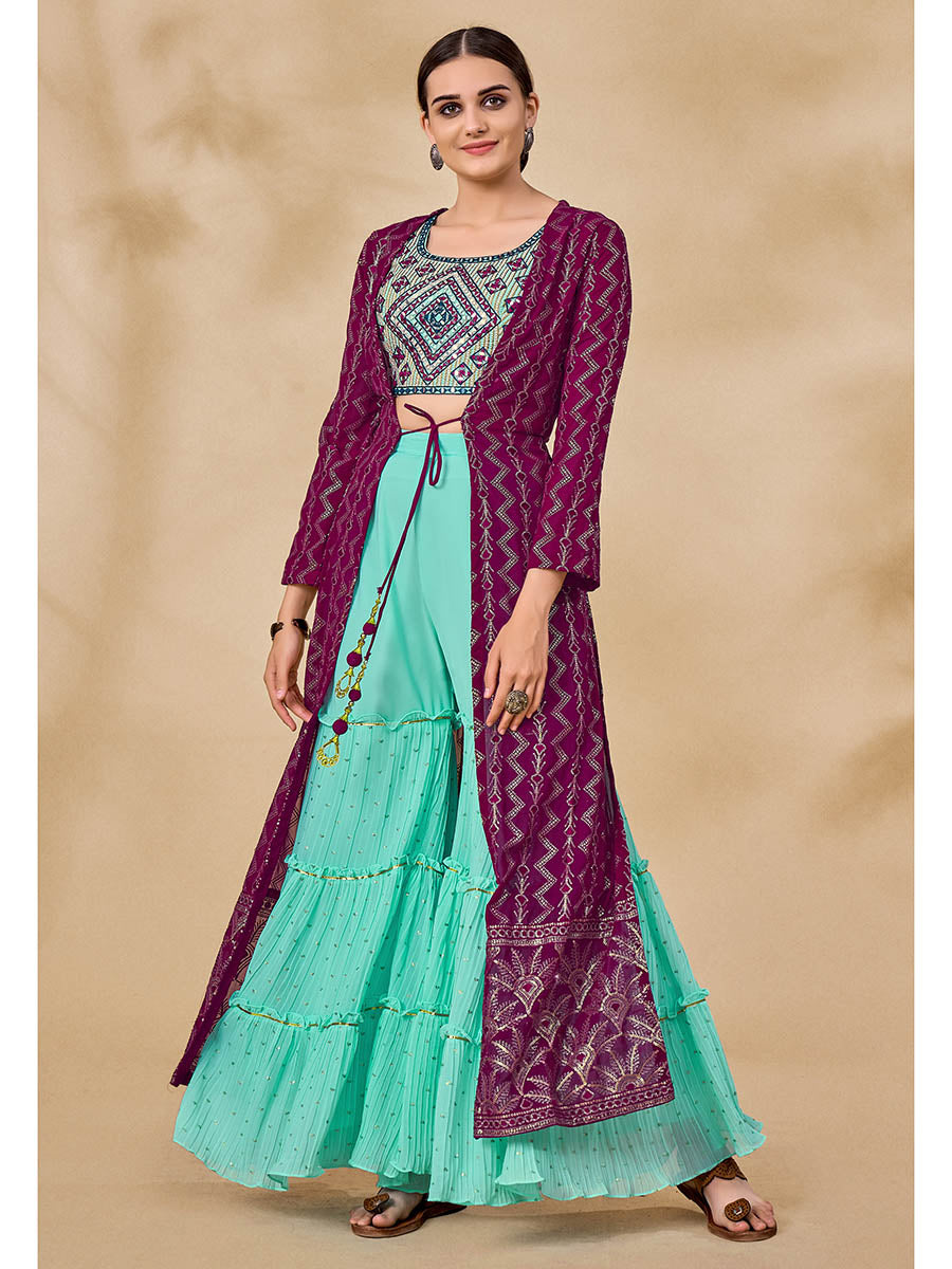 Myra Wine Jacket Style Sharara Suit | Grocsy