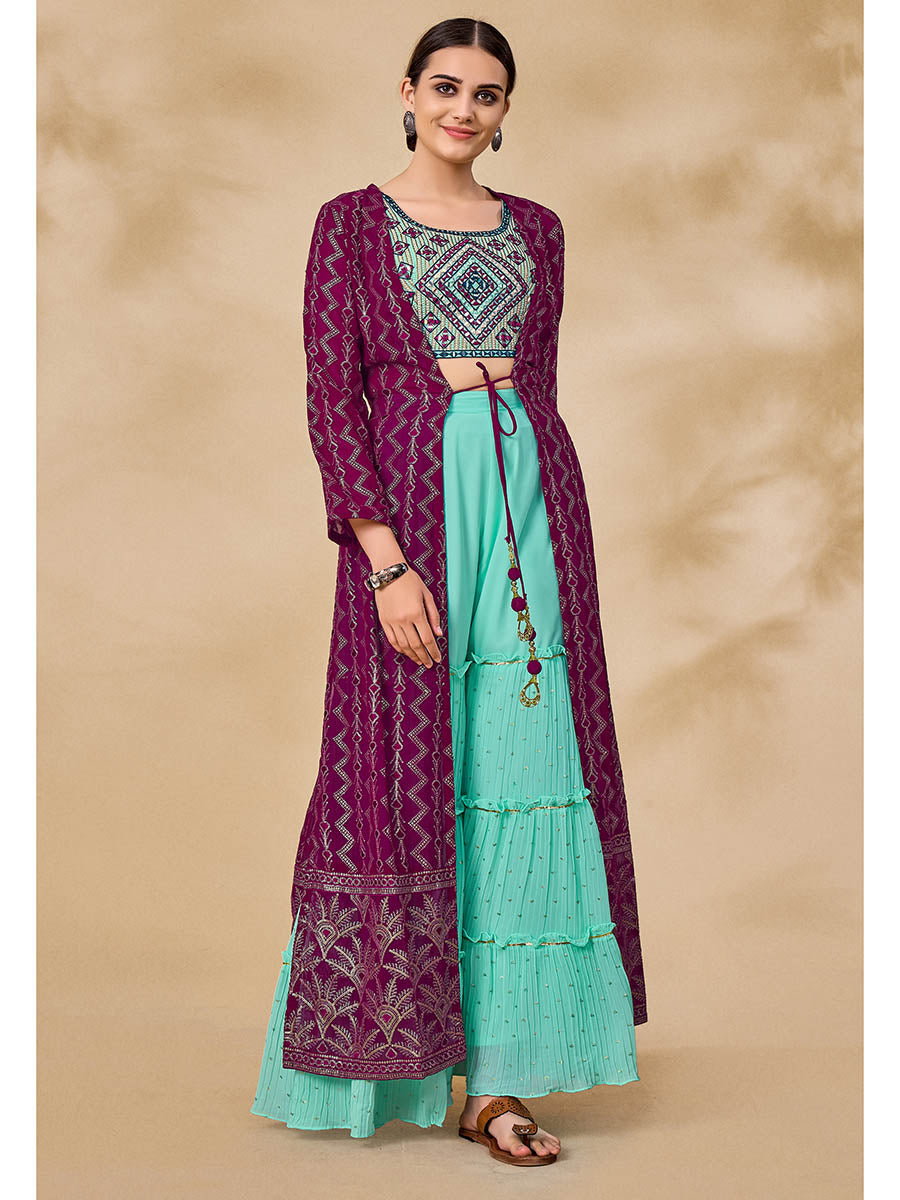 Myra Wine Jacket Style Sharara Suit | Grocsy