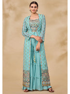 Myra Sky Blue Gorgette Jacket Style Suit | Grocsy