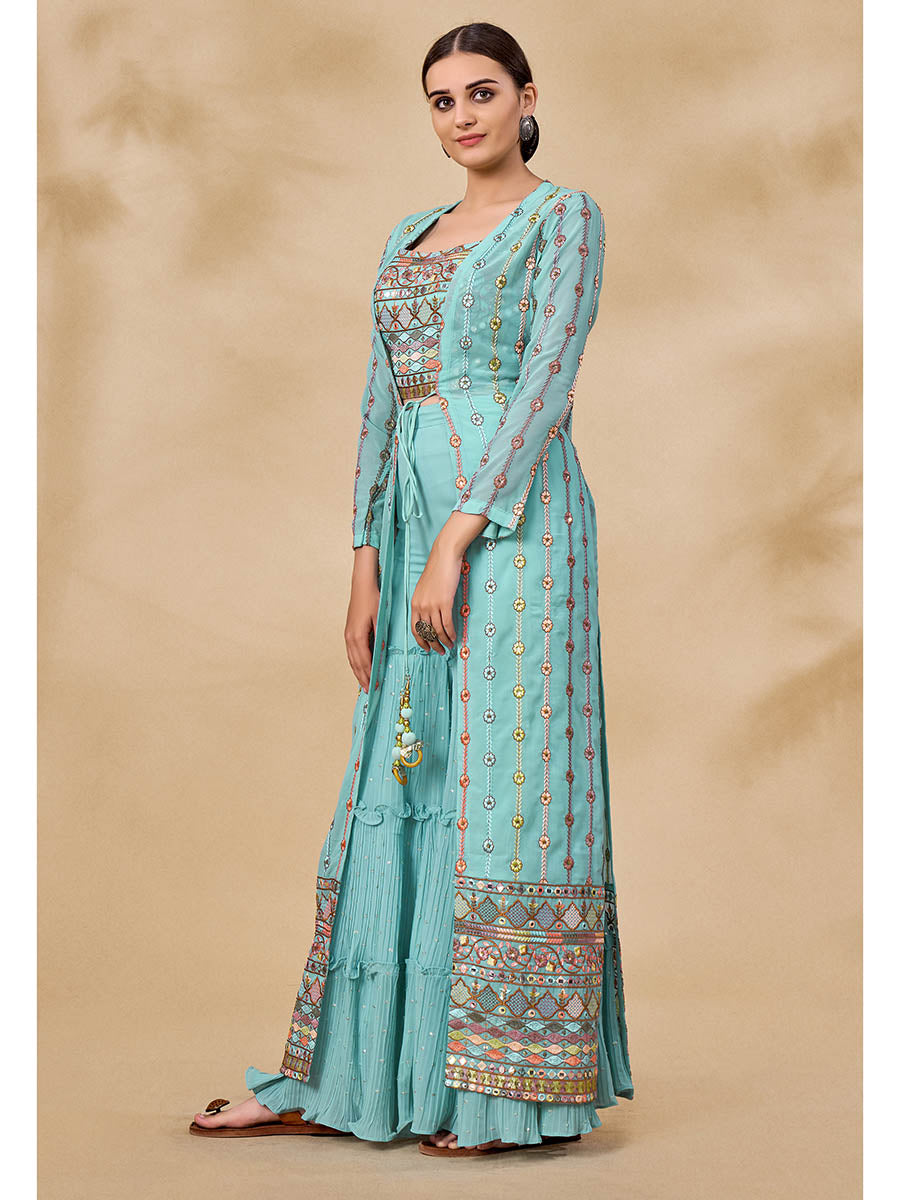 Myra Sky Blue Gorgette Jacket Style Suit | Grocsy