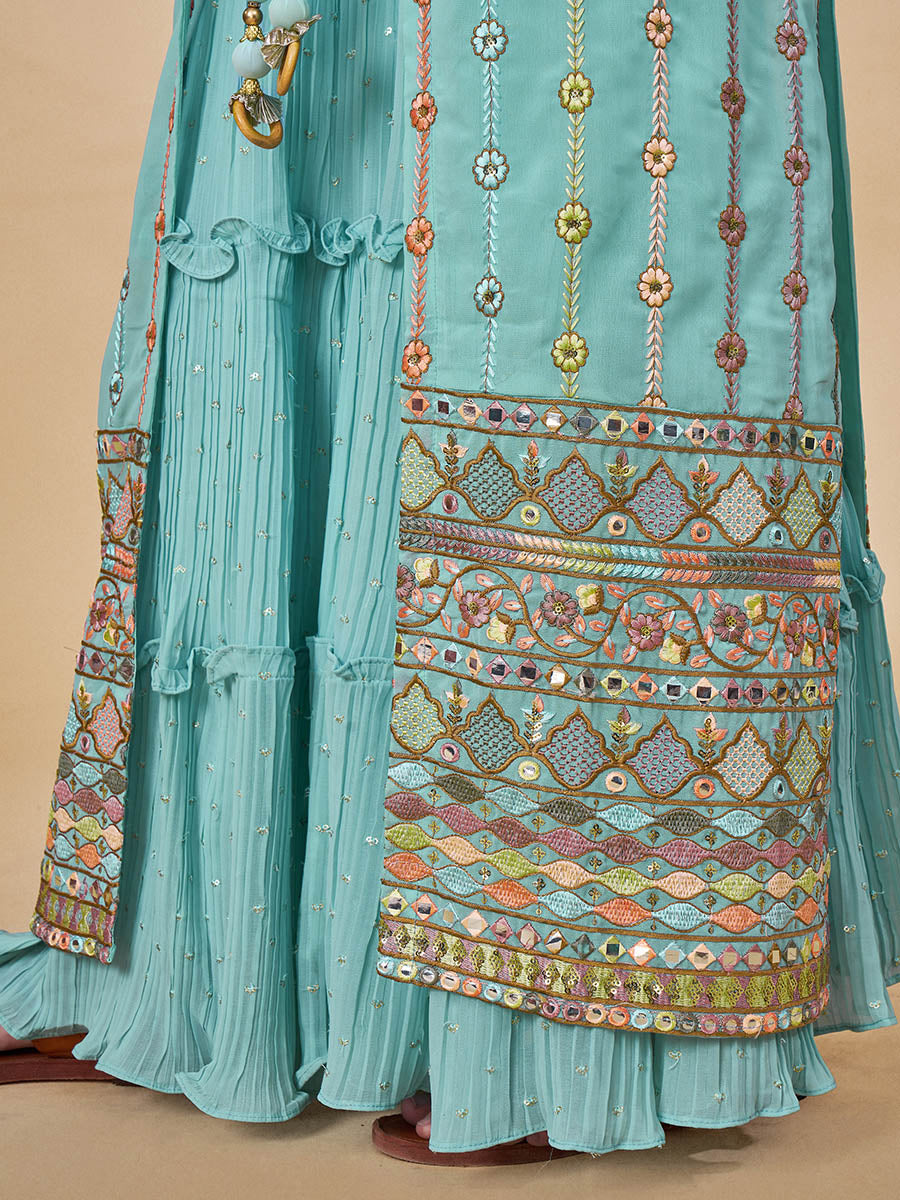 Myra Sky Blue Gorgette Jacket Style Suit | Grocsy