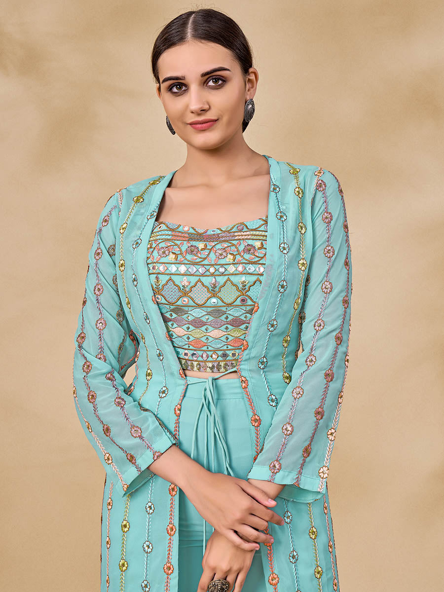 Myra Sky Blue Gorgette Jacket Style Suit | Grocsy