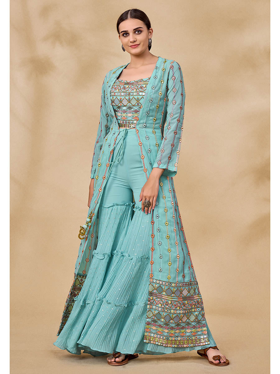 Myra Sky Blue Gorgette Jacket Style Suit | Grocsy
