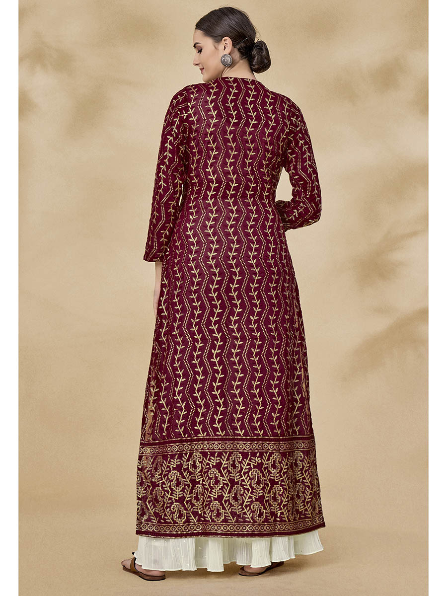 Myra Maroon Jacket Style Sharara Suit | Grocsy